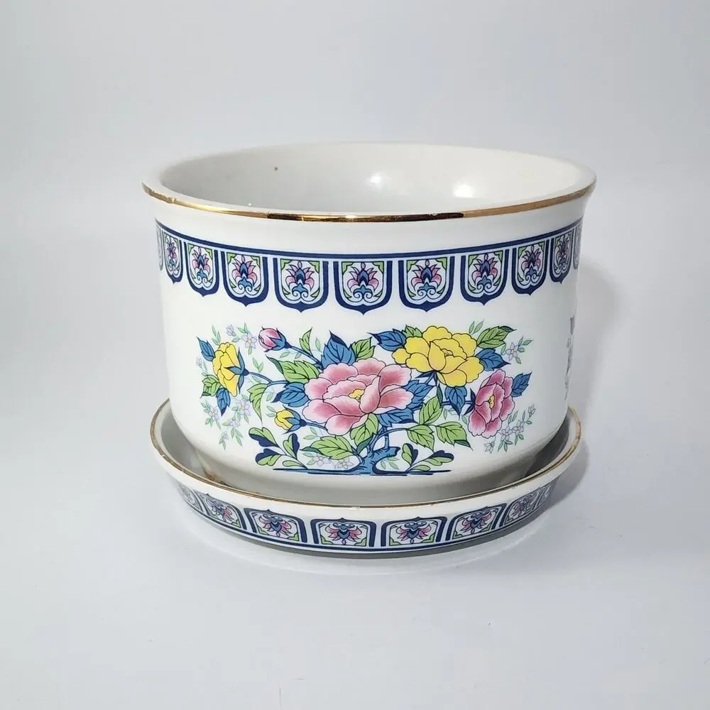Vintage Porcelain Fred Rogers Japan Gold Edge Floral Planter Planter & Tray
